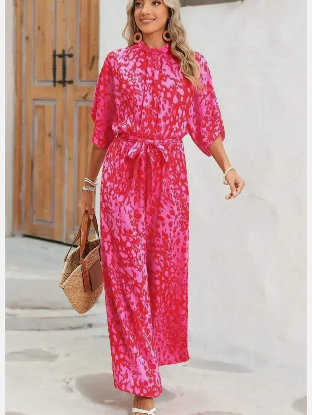 Pink Rose Leopard Print Tulip Sleeve Belted Wide Leg Jumpsuit Sz XL - Picture 3 of 9